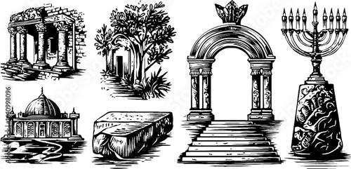 Engraved illustration set featuring hebrew synagogue arc and historical elements