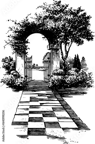 Vintage garden design with hedge arch and trimmed pathway silhouette