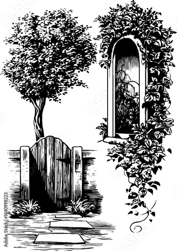 Vintage garden elements with hedge arch and trim for design projects