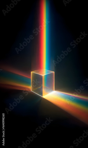Spectacular light dispersion through glass cube showing vibrant rainbow spectrum colors colorful refractive prism effect physics demonstration science concept artistic play of