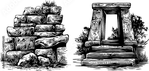 Engraved illustration set of inca stone walls and structures for historical art design