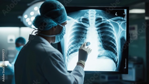 Focused Surgeon in Scrubs Points to a Luminous Chest X-ray in a Darkened OR