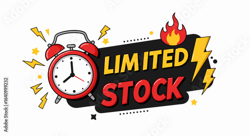 Limited stock warning graphic with alarm clock and dynamic design  