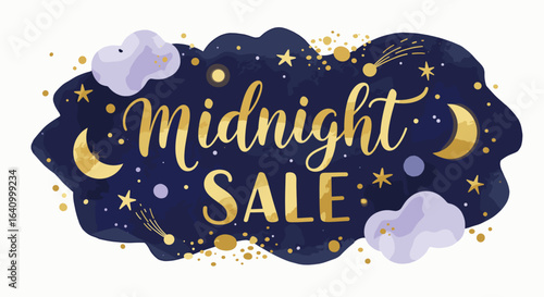 Midnight sale design with stars and clouds in dark night background  