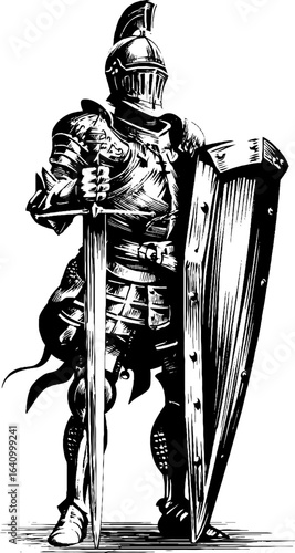 Knight in armor engraved illustration set for historical design and decor