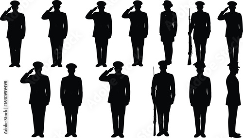 Military soldier silhouette group, saluting army men vector, uniformed officer icons, standing soldiers, army salute pose, service personnel graphic