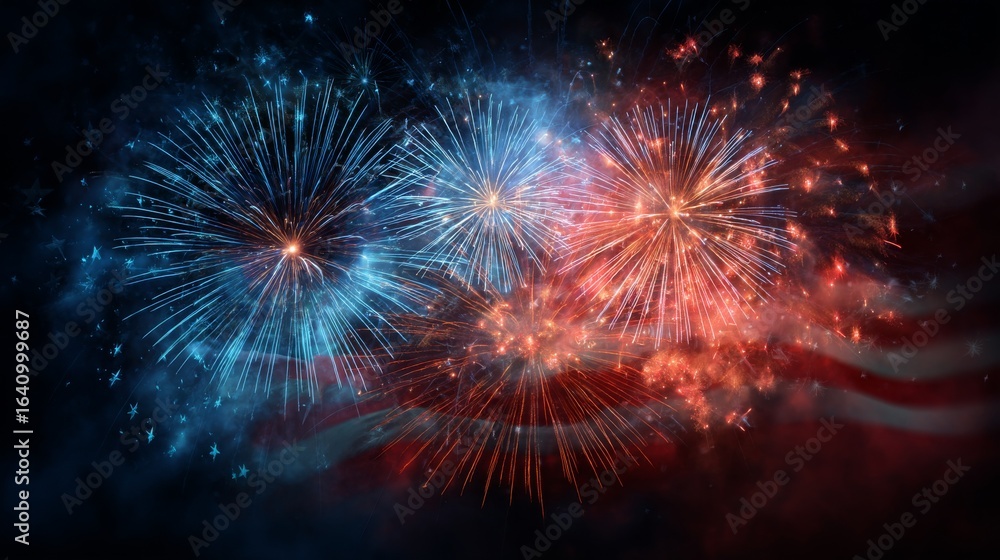 Fototapeta premium Spectacular Fireworks Display Celebrating American Independence with Red, White, and Blue Colors Lighting the Night Sky