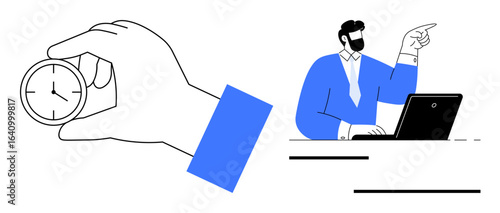 Hand holding clock representing time management and businessman at desk pointing. Ideal for productivity, prioritization, planning, deadlines, business strategy, organization, simple flat metaphor