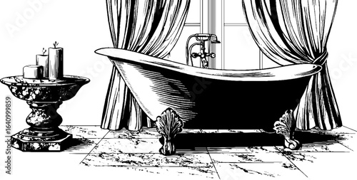 Luxurious vintage bath scene with clawfoot tub, candles, and curtains for design inspiration