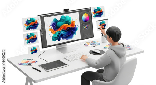 graphic designer editing abstract fluid art on desktop computer