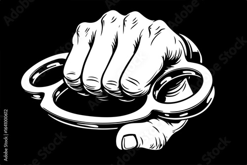 Brass Knuckles Fist Illustration – Aggressive Black and White Vector Art