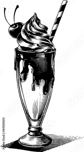 Vintage engraved milkshake glass with cherry and straw - retro beverage design for menu and print
