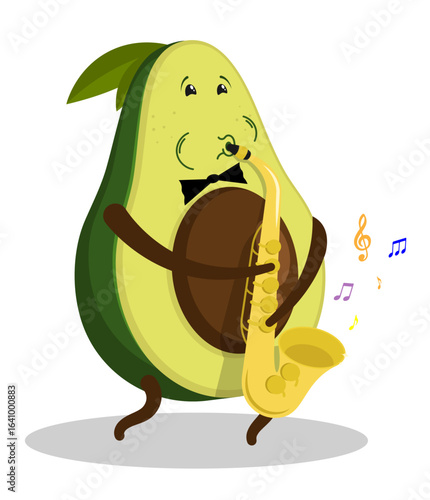 Emotional musician avocado fruit plays famous melody on a professional gold plated saxophone. Cartoon vector isolated on white background