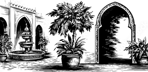 Engraved illustration of moroccan riad courtyard with arched entryway and fountain - retro design for decor