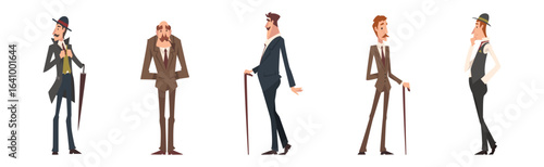 Victorian Gentleman in Elegant Suit with Respectful Manner Standing Vector Set