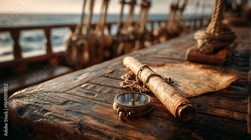 Close-up of old nautical compass and parchment map, warm morning light on wooden table, ship deck background, Columbus Day symbol