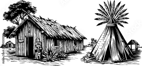 Native american tribal living: engraved illustrations of traditional structures for cultural design