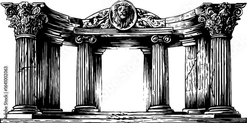 Neoclassical facade sketch with corinthian columns and lion motif