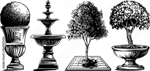 Ornamental topiary engraved illustration set for vintage design and garden decor