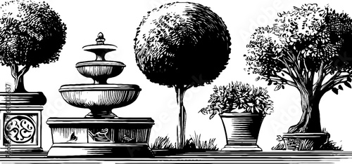 Ornamental topiary and fountain engraving sketch for retro design projects