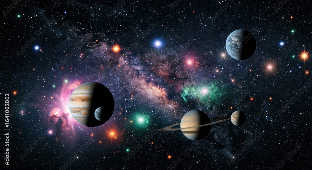 Naklejka premium Cosmic ballet of planets nebulae and starlight in a vibrant interstellar canvas