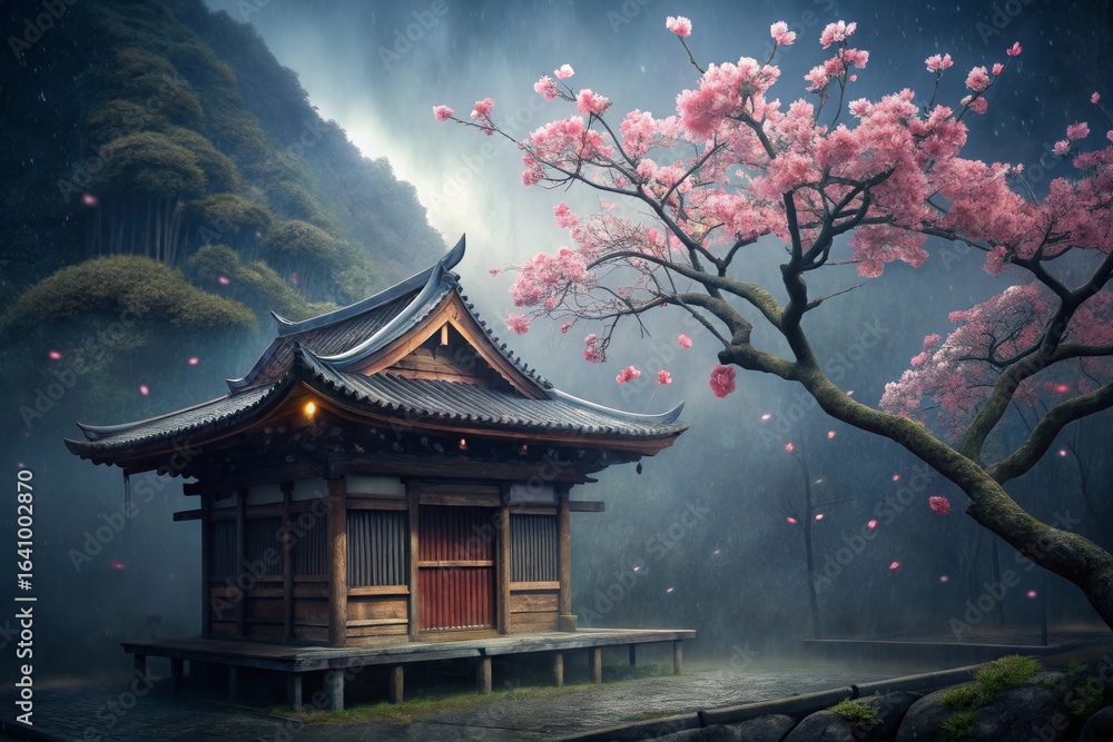 Fototapeta premium Japanese Temple with Cherry Blossoms