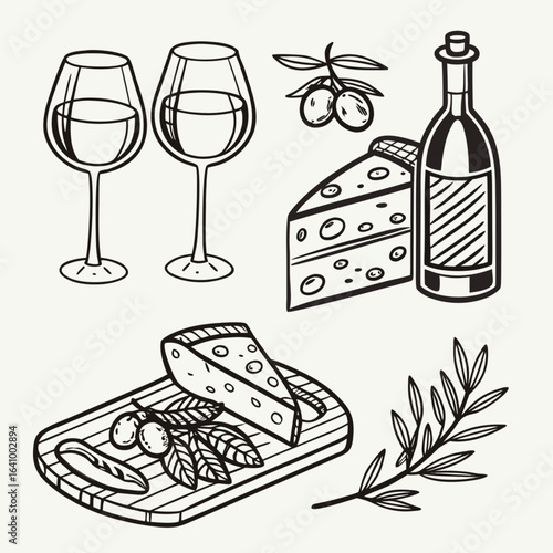 Minimilist illustration of wine glasses cheese wedges bottle and olive branches in black and white style art line vector