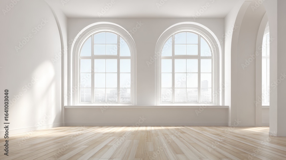Fototapeta premium Bright Empty Room with Arched Windows: Modern Interior Design with Natural Light and Wooden Floor