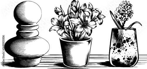 Engraved illustration set of porcelain tiles with floral arrangements and decorative elements for design
