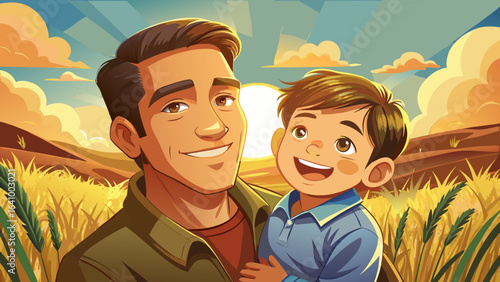 Close-up portrait of father holding son, smiling warmly in a sunlit field, golden light embracing their faces, tender moment, joyful eyes, wind-kissed hair, glowing horizon, deep bond captured beautif