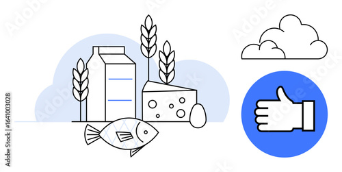 Milk carton, cheese block, egg, fish, wheat stalks, cloud, and approval hand icon. Ideal for nutrition, health food industry organic products healthy eating lifestyle choices simple landing page