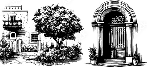 Vintage engraved illustration of portuguese azulejo with architectural elements for retro design