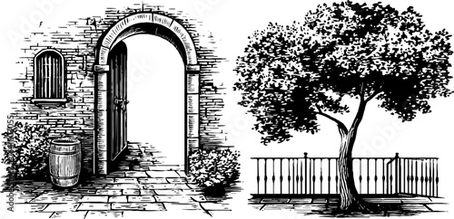 Vintage engraved illustration set featuring portuguese azulejo with archway and tree