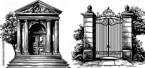 Renaissance arched doorway and gate engraving for design and decoration