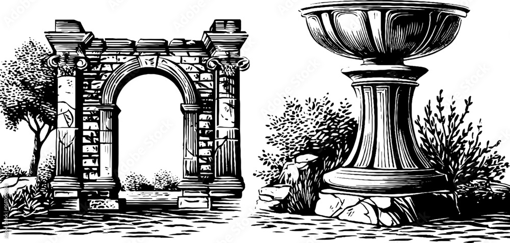 Fototapeta premium Engraved architectural illustrations of roman arch and bath elements