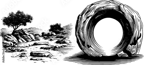 Engraved illustration of runic arc gate and rocky landscape for retro design