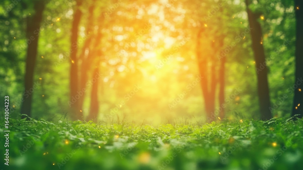Obraz premium Serene forest landscape bathed in golden light during early morning hours
