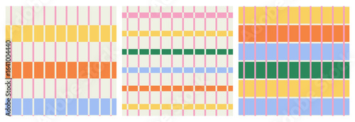 Set of  abstract seamless modern simple geometric colorful patterns of multi-colored checkered lines, distorted chessboard, striped pattern on light background; simple vector illustration, flat style