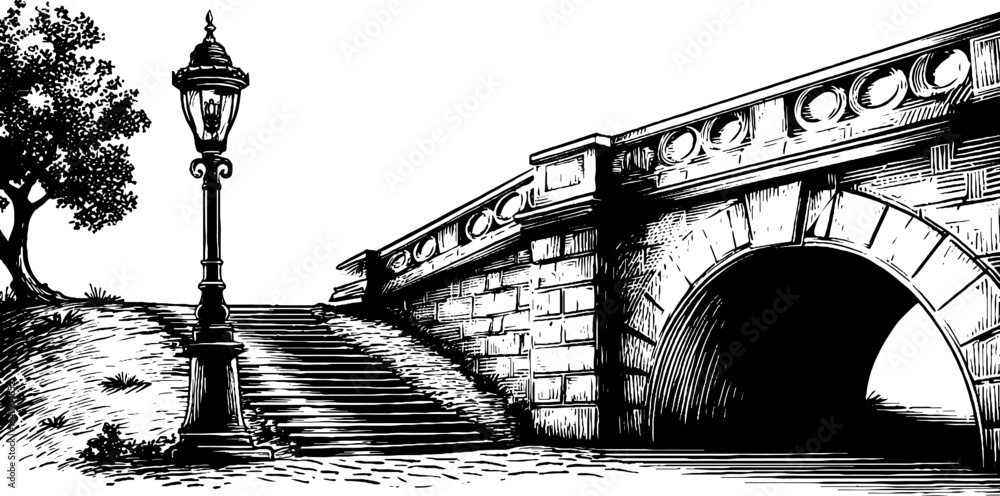 Fototapeta premium Vintage engraved illustration of stone arch bridge with lamp post and tree in retro style for design