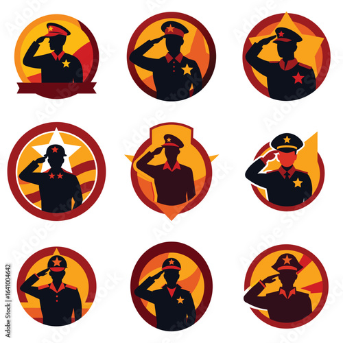 Diverse Set of Saluting Military Figures in Symbolic Badges and Emblems