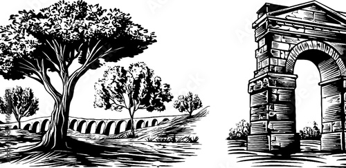 Vintage engraving of stone aqueduct and archway in scenic landscape