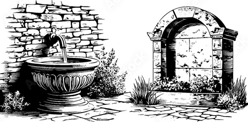 Vintage engraving of stone basin and chiseled wall design for print, poster, card
