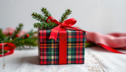 plaid gift box with fir sprig, christmas, no people, no text, no logo