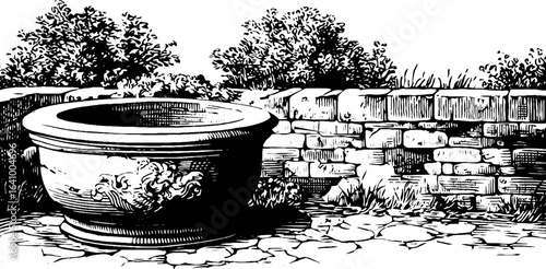Vintage engraved illustration of stone basin and garden wall, perfect for retro design projects