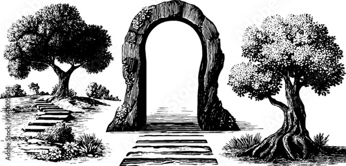 Vintage engraved illustration set of tree arch gateway for retro design