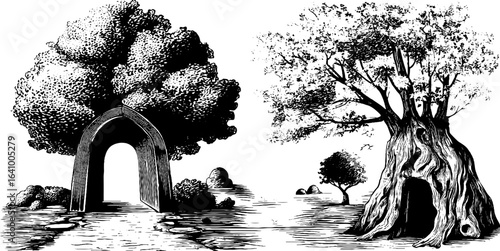 Vintage engraved illustration set of tree arch and hollow tree gateway for retro design
