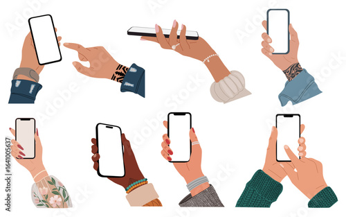 Set of different Female and male Hands holding mobile phone. Fingers touching, scrolling smartphone screen, using applications. Empty screen, phone mockup. Flat vector illustration isolated