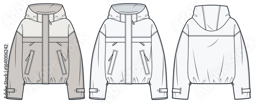 Unisex Rain Jacket with Hood Technical Fashion Sketch. Windbreaker Jacket fashion flat technical drawing template, front zipper, drawstring, front, back view, two tone, women, men, unisex CAD mockup.
