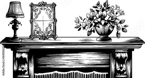 Victorian fireplace with elegant adornments in engraved style for home decor