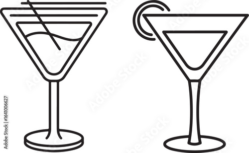 Two martini glasses with different garnishes, black and white vector illustration